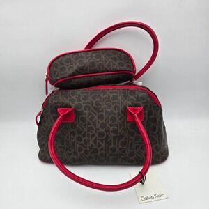 Calvin Klein Monogrammed Dome‎ Satchel Handbag with Matching Pouch Red Accents
